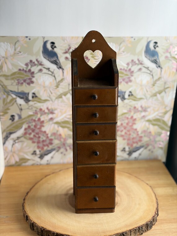 Vintage Wooden Apothecary-style Cabinet, Six-drawer Spice Rack with Heart Cutout
