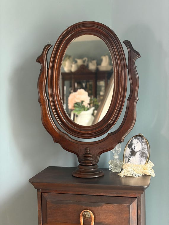 Victorian Mahogany Wood Vanity Mirror | Antique Swivel Shaving Dresser Mirror