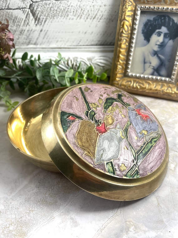 Vintage Brass Cloisonne Round Trinket Box, Hand Painted Enameled Keepsake