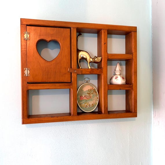Vintage Wood Curio Shelf | Heart Cutout Pine Display Shelf