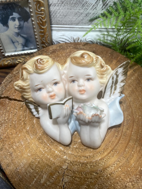 Porcelain Cherubs, Ceramic Angel Wall Decor, Tilso Double Cherub Angels