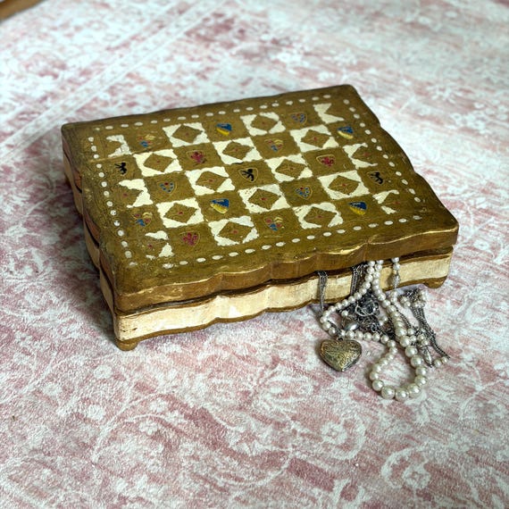 Italian Florentine Gilt Wood Jewelry Box | Vintage Footed Crest Design Mid-Century Treasure Chest