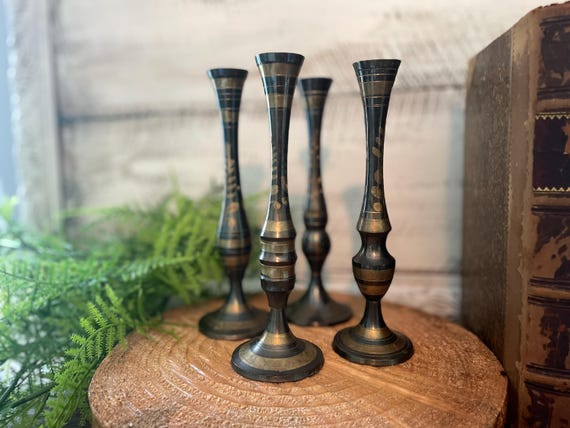 Vintage Brass and Black Enamel Bud Vase Etched Indian Brass Set of 4