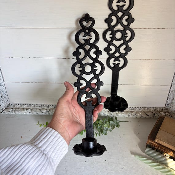 Vintage Cast Iron Sconces: Black Gothic Style Wall Candle Holders by Robert Emig