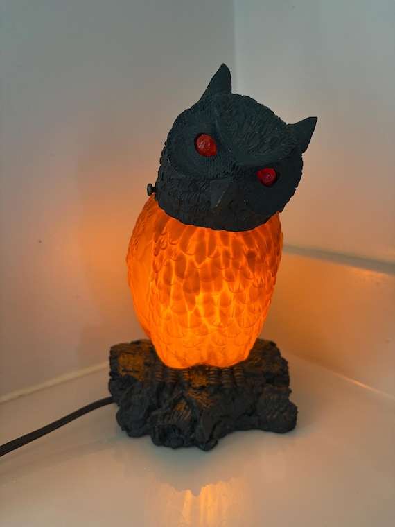 Vintage Amber Art Glass Owl Lamp | Orange Slag Glass Owl Nightlight