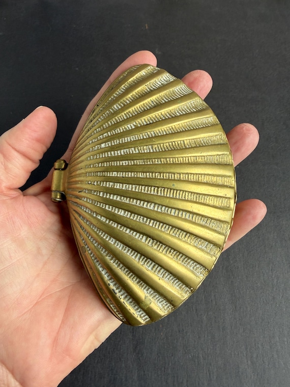 Vintage Brass Clamshell Scallop Hinged Box | Solid Brass Shell Trinket Box
