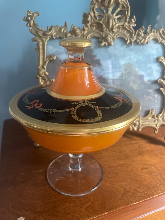 Vintage Marguerite Glass Pedestal Footed Covered Orange and Black Bowl Hand Painted Overlay Circa 1930s - 1940s