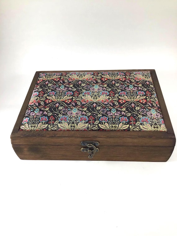 Wood Jewelry Storage Box with Floral Silk Damask Lid Made in Syria