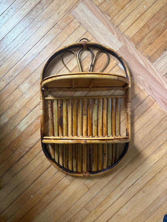 Vintage Tiger Bamboo Wall Shelf | Folding Tortoiseshell Wicker Shelves