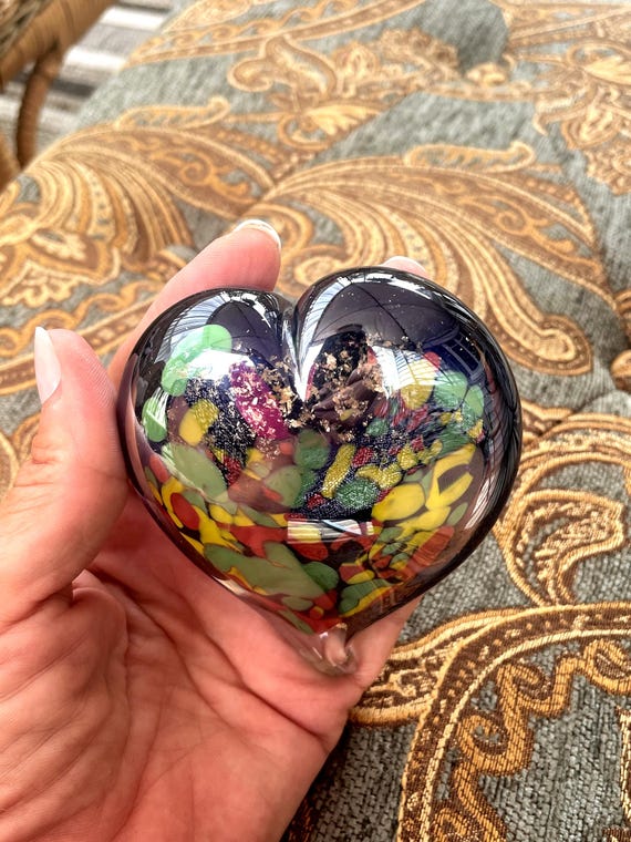 Murano Style Art Glass Heart Paperweight, Rainbow colored Silver Fleck Glass Heart