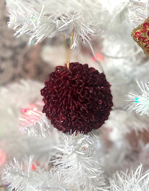 Vintage Glass Bead Ornament, Red Beaded and Sequins Christmas Ornament (set of 3)