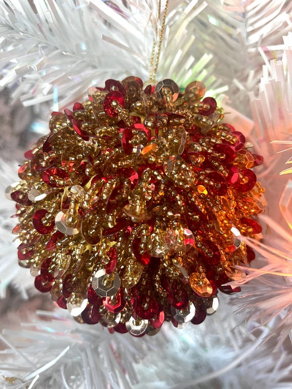 Vintage Gold and Red Glass Bead & Sequin Ornament, Beaded Christmas Ornament (Set of 3)