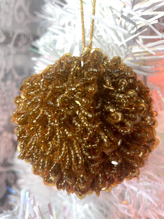 Vintage Gold Glass Bead Ornament, Handcrafted Baroque-style Beaded Christmas Ornament (set of 3)