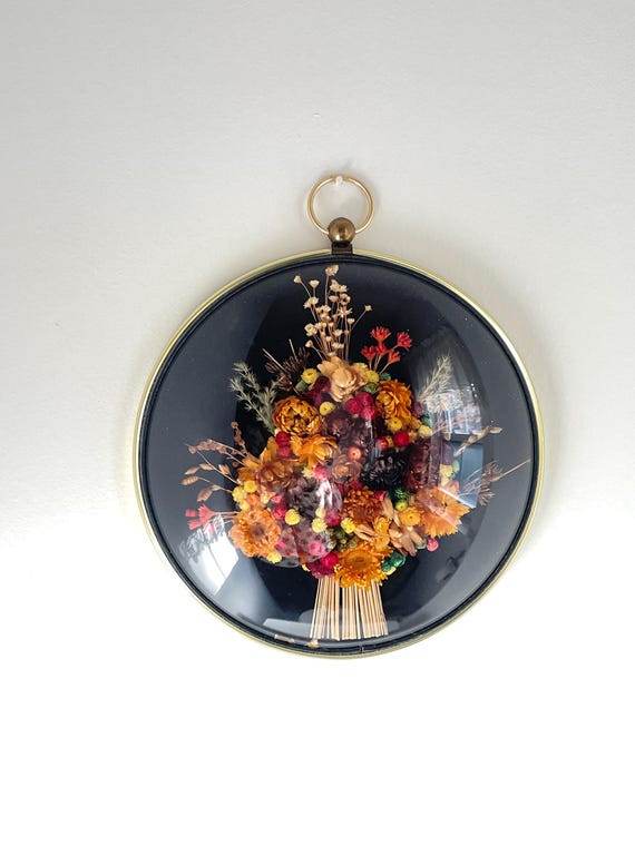 Vintage Belgium Cideart Dried Flowers, Domed Convex Brass Frame, Framed Flower Arrangement