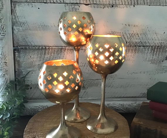 Vintage Brass Votive/Tea Light Candle Holders Moroccan Style Pierced Design Set of 3