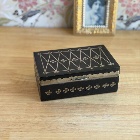Vintage Floral Etched Metal Jewelry Box with Wood Lining and Hinged Lid