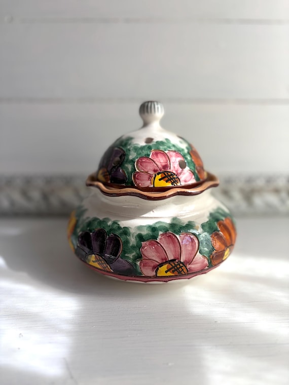 Vintage Hand-painted Italian Majolica Covered Bowl | PM Castelli Earthenware Garlic Keeper