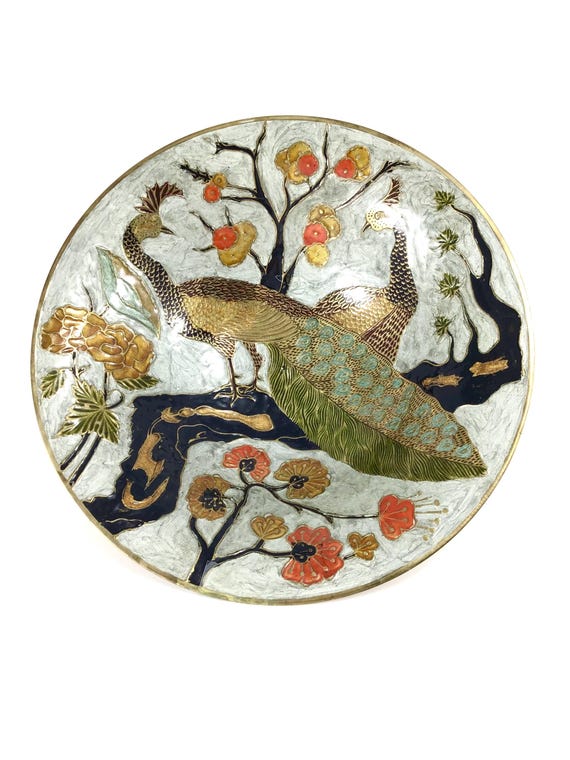 Vintage Enameled Brass Cloisonne Peacock Design Bowl