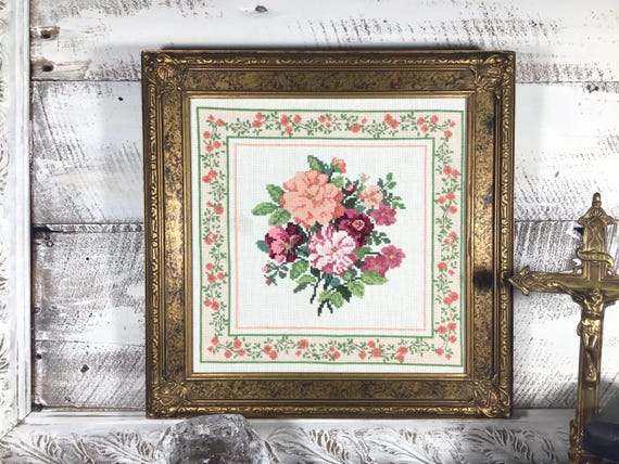 Vintage Cross Stitch "Country Fresh Roses" Framed Art Wall Decor