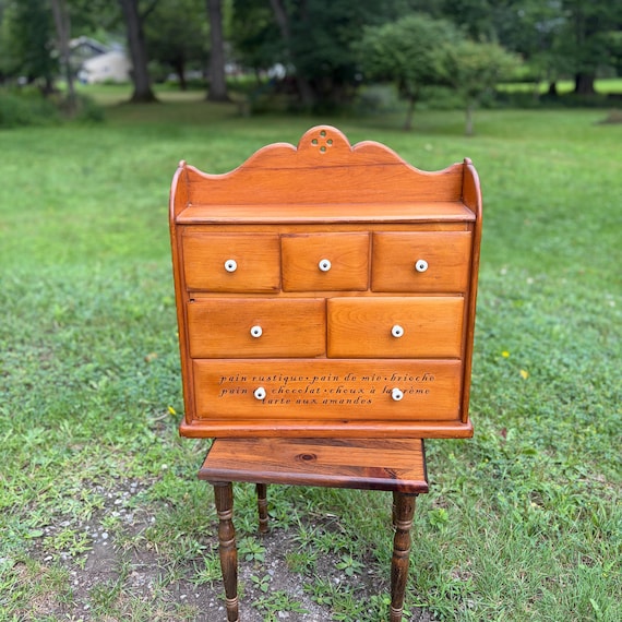 Primitive Wood Spice Cabinet | Vintage Cubby Drawer Apothecary Storage Cabinet