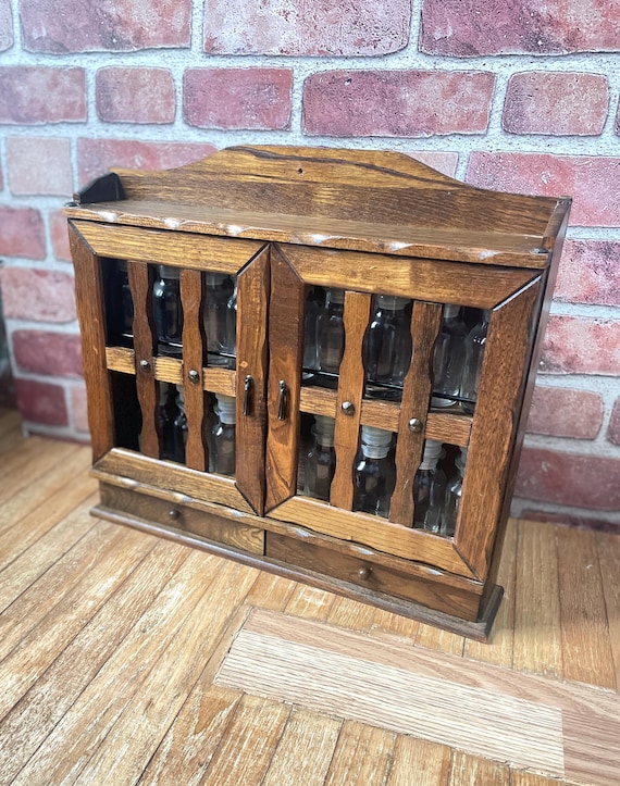 Vintage Wood Apothecary Spice Cabinet with Glass Jars