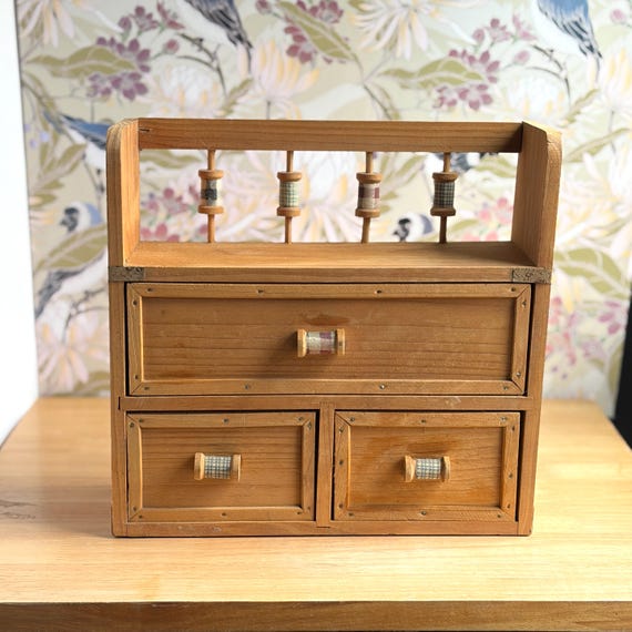 Vintage Wood Three Drawer Sewing Box | Wooden Thread Box