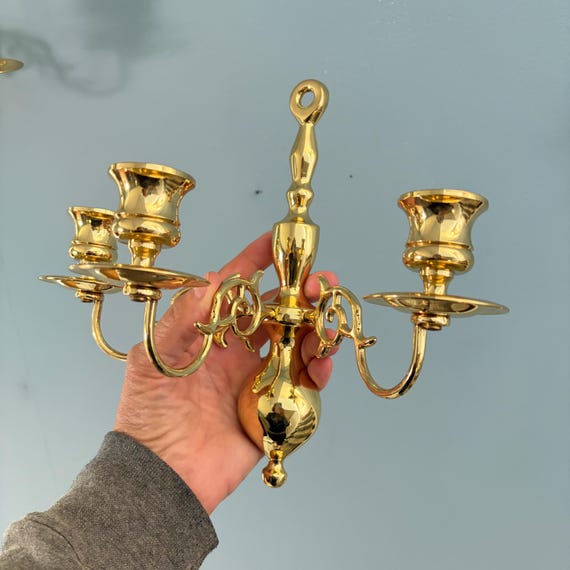 Vintage Lacquered Brass Three-arm Candle Wall Sconce