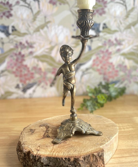 Vintage Brass Cherub Candleholder, Bronze Putto Candlestick
