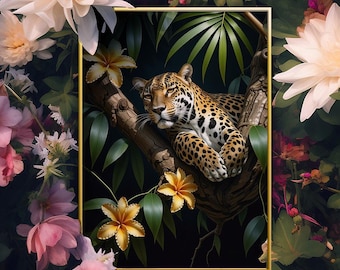 Jaguar Relaxing on Jungle Tree Art Print - Digital Download