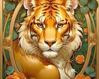 Art Nouveau Portrait of a Tiger with Flowers Art Print - Digital Download