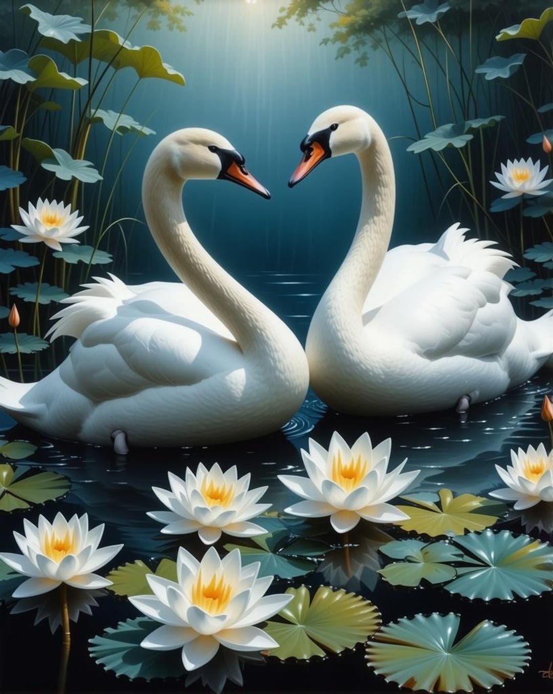 Two Swans in a Magical Lily Pond Art Print - Digital Download - Etsy