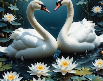 Two Swans in a Magical Lily Pond Art Print - Digital Download - Etsy