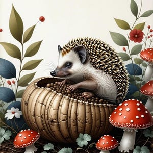 May include: An illustration of a hedgehog nestled in a wooden bowl filled with small brown objects. Red and white spotted mushrooms and various green plants surround the bowl, creating a whimsical forest scene.