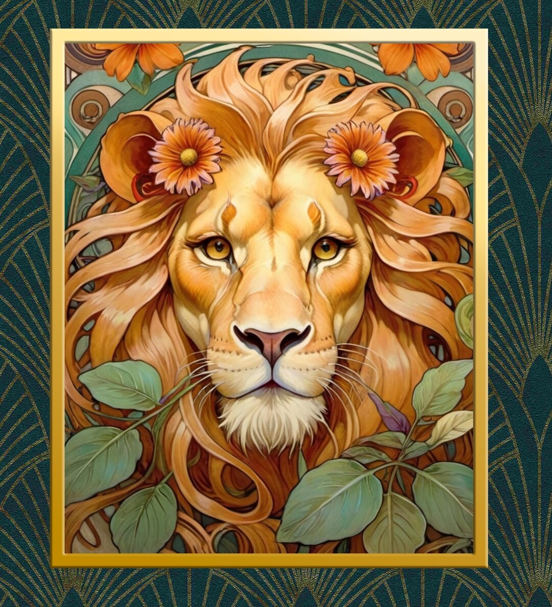 Art Nouveau Portrait of a Lion With Flowers Art Print - Digital ...