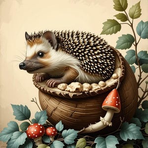 Könnte beinhalten: Detaillierte Illustration eines Igels in einem Holzkörbchen. Der Igel hat braunes und weißes Fell mit einem stacheligen Rücken. Rote Pilze mit weißen Punkten und grüne Blätter umgeben den Korb und schaffen eine skurrile Waldszene.