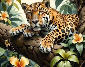 Jaguar Relaxing on Jungle Tree Art Print - Digital Download