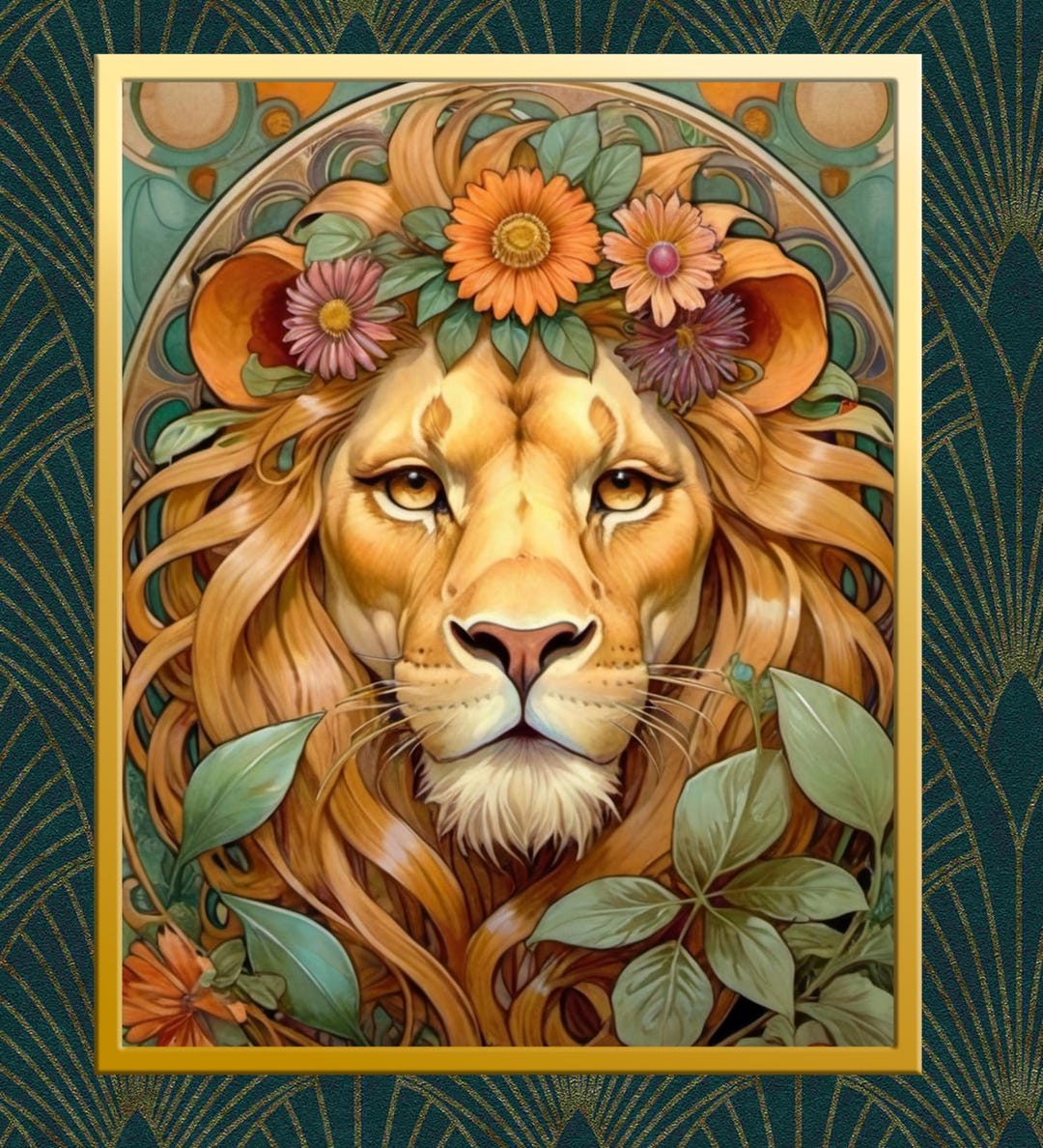 Art Nouveau Portrait of a Lion With Flowers Art Print - Digital ...