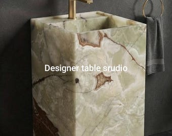 Green knhx Pedestal Bathroom Vanity | Beige Natural Stone Sink Cabinet, Modern long Washbesin.