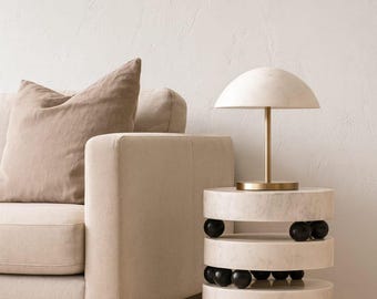 Handmade Beige Marble Stone Stand • Modern Sculpture with Black Beads