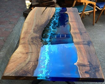Blue Epoxy River Dining Table: Live Edge Solid Wood, Modern Resin Art