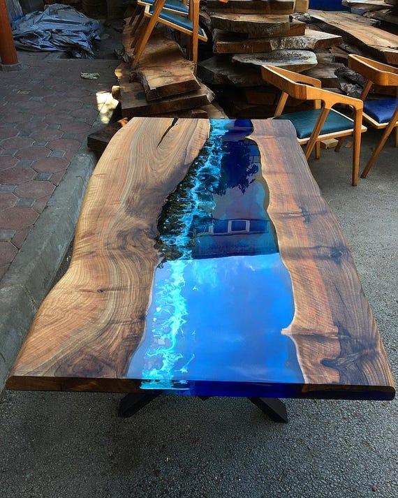 Blue Epoxy River Dining Table: Live Edge Solid Wood, Modern Resin Art