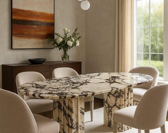 Mesa de comedor de lujo de mármol Calacatta Viola / Mesa moderna de piedra ovalada con base de pedestal