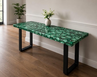 Green Agate Stone Console Table | Handmade Modern Accent Table, Black Metal Legs