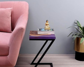 Handmade Resin & Wood Side Table: Modern River Design with Metal Legs