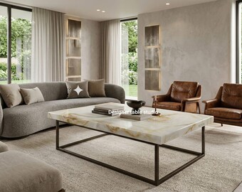 White Onyx Marble Coffee Table, Mid-Century Modern Metal Base, Living Room Decor