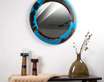 Espejo de pared ondulado de resina y madera hecho a mano: Decoración moderna para el hogar