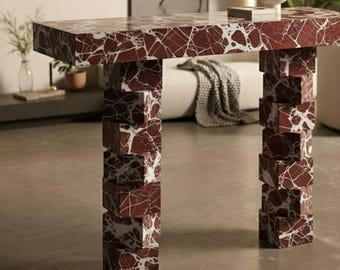 Rosso Levanto Marble Console Table – Stacked Block Design, Modern Luxury Entryway Accent