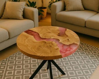 Pink Resin River Coffee Table: Round Wood Epoxy Side Table |