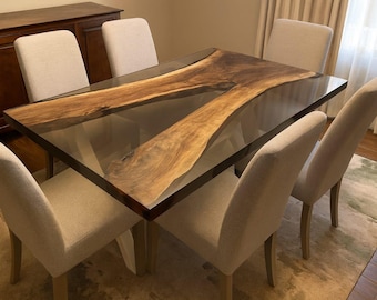 Handcrafted Live Edge Walnut Dining Table: Gray Epoxy Resin River |