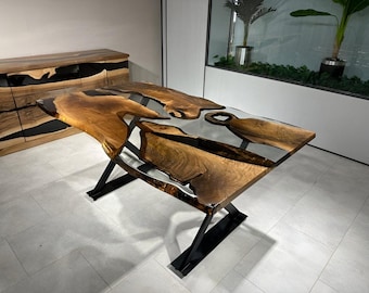 Handcrafted Live Edge Walnut Dining Table: Blue Epoxy Resin River |
